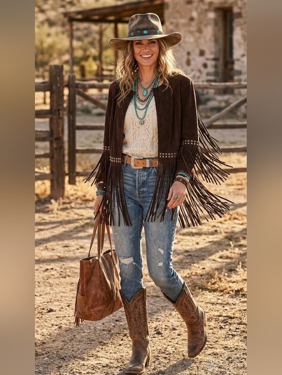 Pamela McCoy Jackets & Blazers - Pamela McCoy Couture Dark Brown Western Fringe Studded Crop Jacket Sz Large NWT